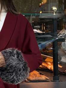 Aloruh Women's Elegant Wine Red Woolen Coat With Raglan Long Sleeves And Furry Cuffs, Autumn/Winter - Burgundy - View 7