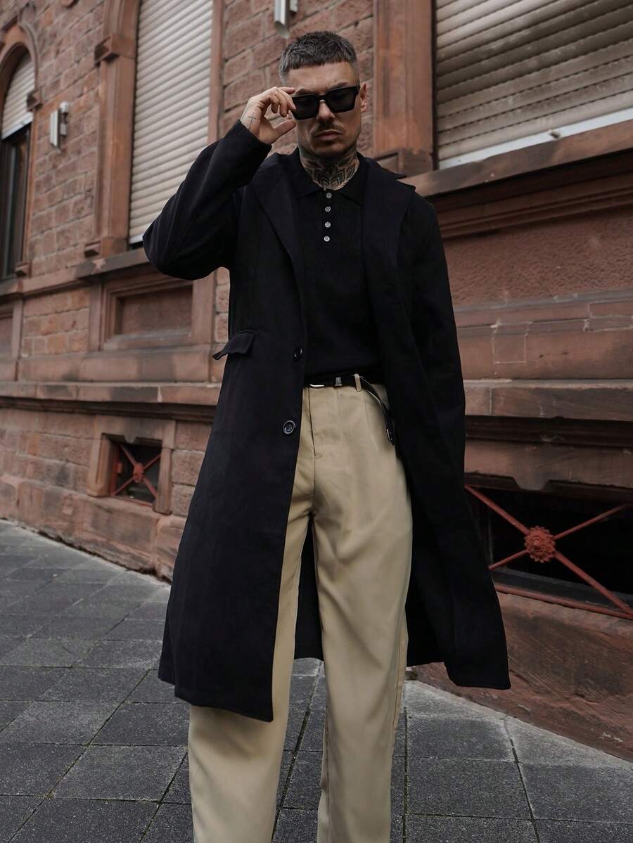 Artur Kramer 新款秋冬男士羊毛混纺大衣，英伦风单排扣长款风衣 - 黑色 - 查看 1