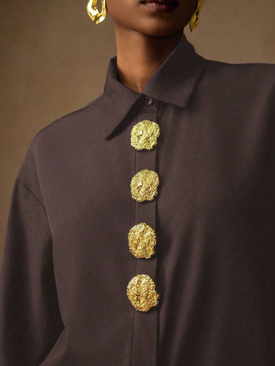 Vesra Blus Wanita Lengan Panjang Elegan Warna Polos Motif Bunga dengan Kancing - Chocolate Brown - View 1