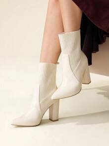 CUCCOO BASICS 女士尖头粗跟米色时尚优雅通勤简约日常百搭针织中筒踝靴 - 米色 - 查看 7