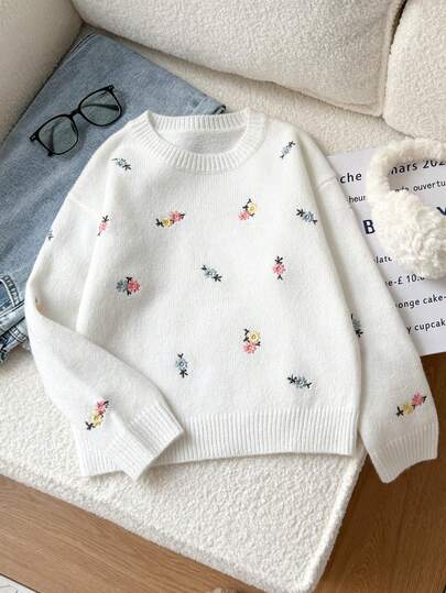 SHEIN Sparklyn 秋冬季南瓜提花针织套头毛衣，女童款，可爱百搭