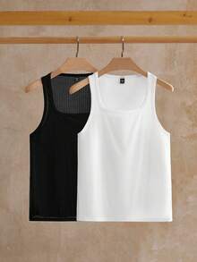 Manfinity VCAY 2pcs Men's Casual Jacquard Ribbed Slim Fit Knit Tank Top - Black and White - View 7