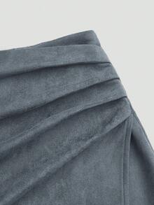 Sweetra 加大码褶皱不对称拉链装饰仿麂皮短裙，简约通勤风格，秋冬 - 霧霾藍 - 查看 4