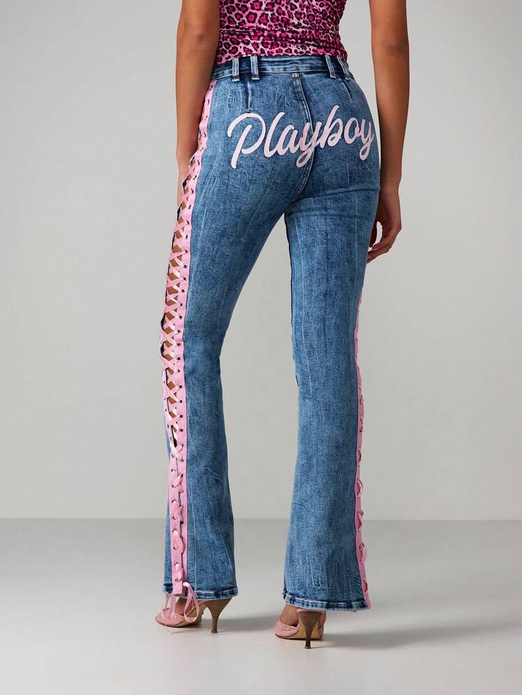 Missguided x Playboy High Rise Flared Jeans With Lace Up Side Detail And Text Print