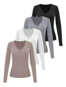 EMERY ROSE 女士纯色V领长袖修身罗纹休闲T恤 - 彩色 - 查看 4