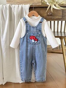 Vintaside Kids 女婴春秋季长袖翻领上衣搭配刺绣牛仔背带裤，适合温和天气 - 白色 - 查看 6