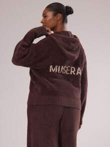 MUSERA Suéter de punto esponjoso de hombros caídos con cremallera completa, talla grande, para invierno, vacaciones, acogedor, lindo, festivo, esquí, après-ski, Aspen - Café integral - Ver 5