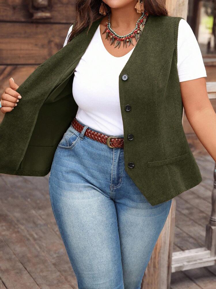 プラスサイズ コーデュロイ 無地 ボタン前開き Vネック カジュアルベストジャケット