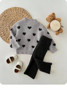 SHEIN Babygirl Cute Polka Dot Long Sleeve Sweater & Elastic Waist Pants Set, Casual For Autumn/Winter