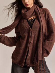 Easelle Vintage Casual Coffee Color Casual Loose Fit Long Sleeve Button Front Cardigan For Women Winter Clothes For Women New Year  Christmas - Coffee Brown - View 7