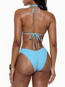 Swim Basics Conjunto de bikini de color liso para mujer para la playa/vacaciones de verano - Celeste - Ver 2