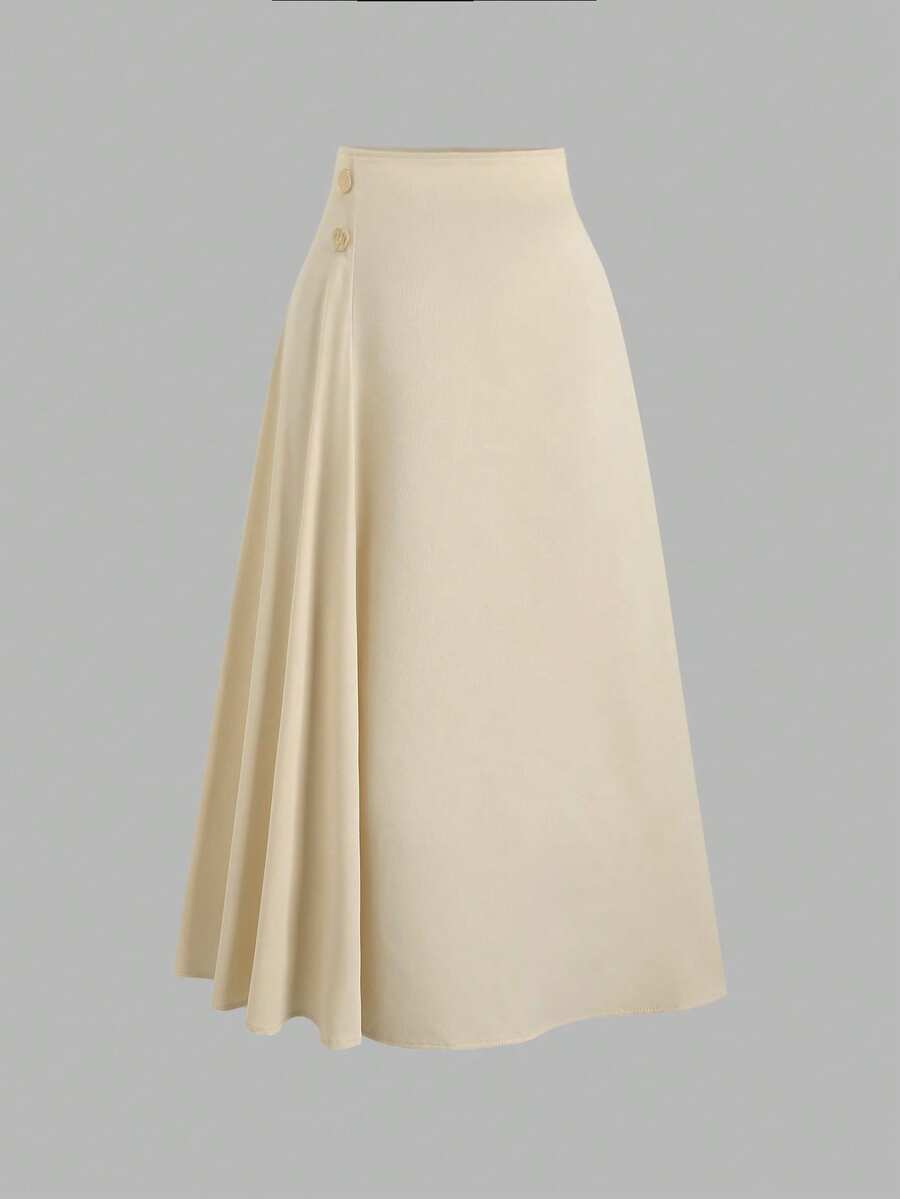 Sweetra Women's Elegant Commuter Vibe A-Line Skirt, Draping Design Slimming Effect, Suitable For Spring & Autumn - Apricot - View 1