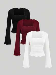 Sweetra 女士复古法式修身喇叭袖蕾丝领休闲T恤套装，秋季 - 彩色 - 查看 7