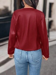 SHEIN PETITE Petite Women Casual Street Style Cropped PU Leather Jacket - Red - View 2