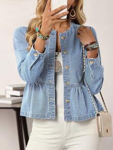 EMERY ROSE Women's Solid Color Ruffle Hem Front Button Long Sleeve Denim Jacket