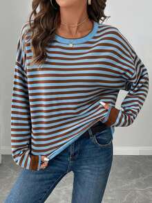 EMERY ROSE LUNE 条纹图案撞色滚边落肩毛衣，秋冬季长袖上衣 - 巧克力棕 - 查看 6