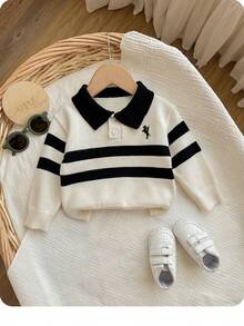 Baby Boy Contrast Stripe Drop Shoulder Half-Zip Casual Patchwork Collar Sweater