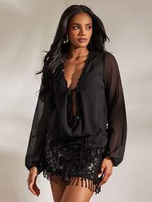 Opulessa Camicia da donna in colore tinta unita con decorazione a nappine, top nero trasparente, blusa nera sexy per vacanze, Natale, Capodanno, Ringraziamento, elegante blusa da festa, laurea, ballo di fine anno, lussuoso abito da sera