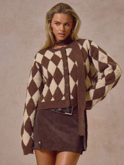 MUSERA Argyle Button Through Cardigan With Scarf Detail Autumn Winter Cool Streetwear Going Out Casual Knitwear Everyday New Retro