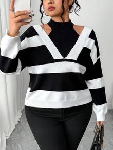 Elenzga Áo len chui đầu rộng rãi thời trang thường ngày hở vai cỡ lớn - Đen và trắng - Xem 7