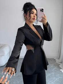 Rafferiza Autumn/Winter Fashion Birthday Party Evening Elegant Metal Tassel Hollow Out Waist Padded Shoulder Women Jacket - Black - View 3