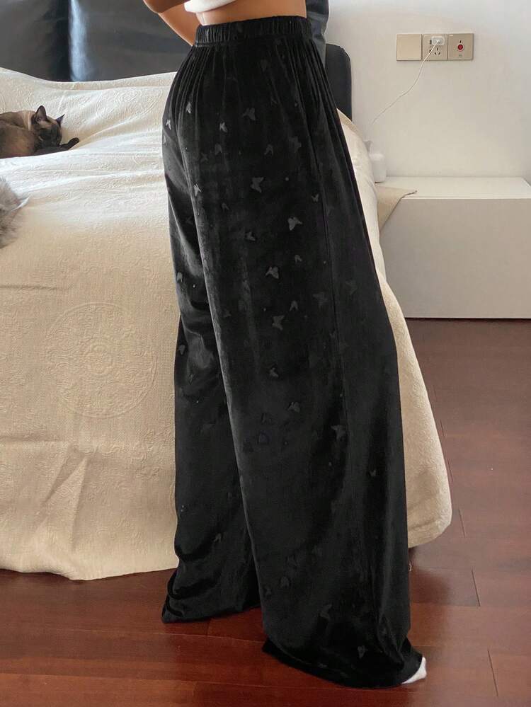 Women's Loose Fit Velvet Butterfly Pattern Pajama Bottoms, Autumn/Winter