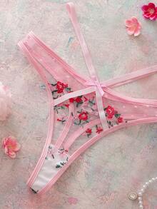 Women's Floral Embroidered Mesh Bow Decor Thong Panties - Pink - View 7
