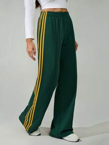 SHEIN Tall 女式松紧腰侧条纹阔腿宽松休闲运动裤，返校季 - 綠色 - 查看 6