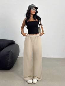 SHEIN Teen Girls Casual Loose Fit Low Waist Elastic Waistband Wide Leg Sweatpants, Versatile For Spring, Summer, Autumn, Winter