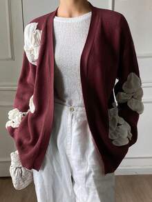 DAZY Women's Elegant Contrast Color Floral Cardigan, Autumn - Burgundy - View 3