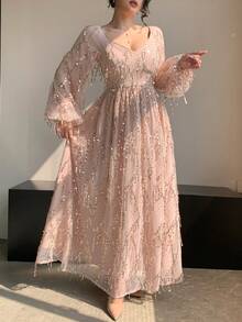 DAZY 女士优雅亮片灯笼袖连衣裙，秋季婚礼宾客礼服吊带裙 - 杏色 - 查看 3