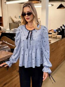 SHEIN Frenchy Fall Winter 2025 Women's Casual Striped Print Detail Front Tie Collar Blouse, Autumn, Striped Blouse, Contrast Trim Tie Shirt,Pleated Shirt,Ruffle Blouse, Blue Striped Shirt,Floral Print Pattern Blouse - Blue and White - View 5