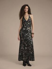 Chiquease Vestido elegante con cuello en V, bordado con lentejuelas para mujeres, adecuado para fiestas formales, cumpleaños, banquetes en otoño/invierno - Negro - Ver 3