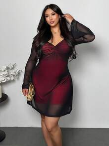 Firerie 全新性感红色网眼心形领扭纹喇叭袖紧身迷你连衣裙，优雅的情人节派对约会装 - 紅色 - 查看 1