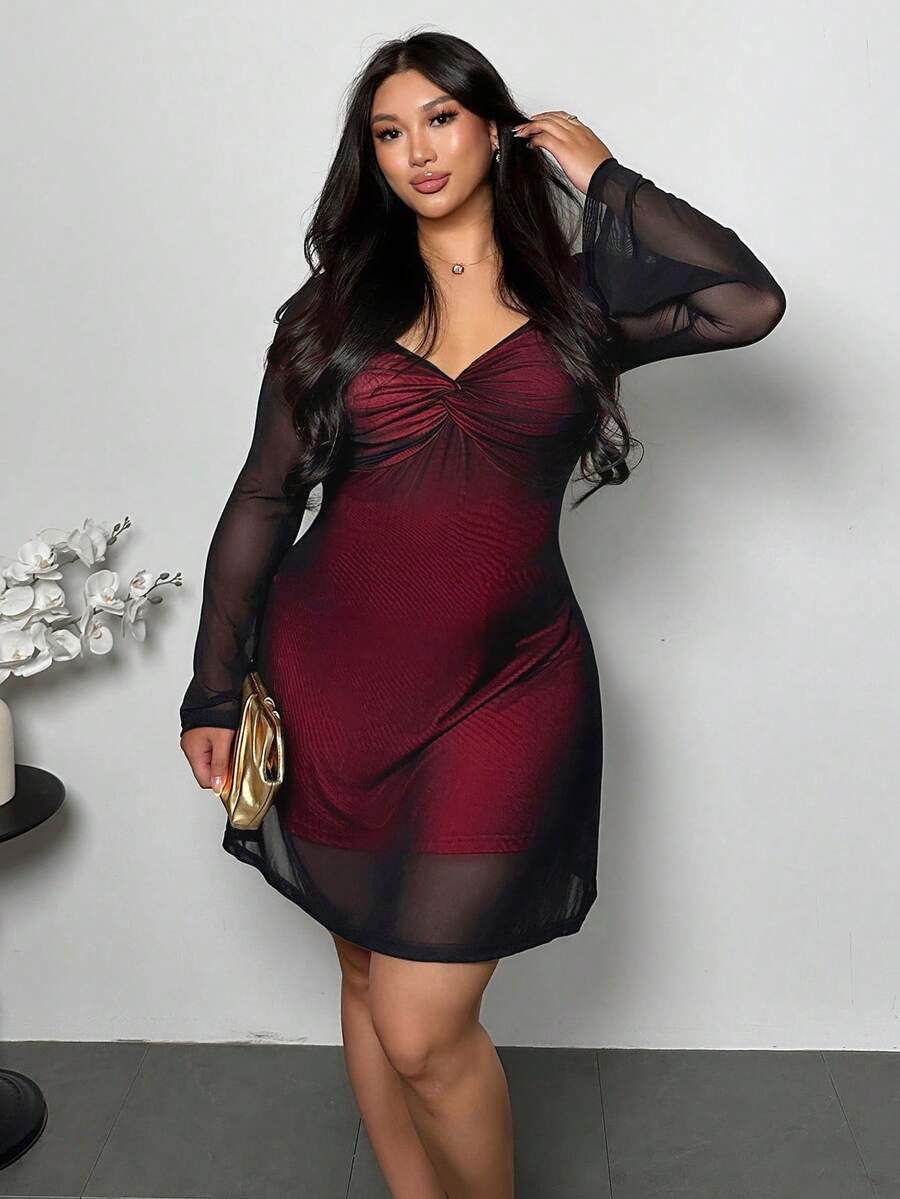 Firerie 全新性感红色网眼心形领扭纹喇叭袖紧身迷你连衣裙，优雅的情人节派对约会装 - 紅色 - 查看 1