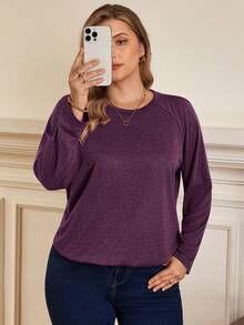 Rosumi 加大码圆领长袖休闲宽松柔软迷人冬季T恤秋装 - 紫色 - 查看 5