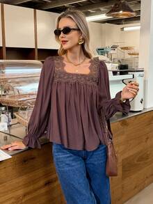 SHEIN Frenchy Áo cánh nâu thời trang nữ, áo cánh ren dài tay thường ngày, áo cánh thanh lịch, áo nữ thanh lịch, áo cánh nữ thanh lịch, đơn giản và sang trọng, thích hợp mặc hàng ngày, đi chơi, đi làm, thu/đông, áo nâu cho nữ, áo kaki, áo nâu cà phê, mọi mùa, lễ tạ ơn cho nữ, áo năm mới, áo thường ngày, áo mùa thu, áo thích hợp cho tiệc tùng, halloween, giáng sinh, sự kiện ngày lễ, áo cánh boho, ngày lễ cho nữ - Rỉ Nâu - Xem 7