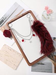 ROMWE Goth 1件 Y2K 朋克复古高品质银色镂空双层链条星形铆钉树脂草莓酒红色蓬松仿渐变闪亮动物狐狸尾巴钥匙扣包挂件，适合角色扮演、日常佩戴、礼物