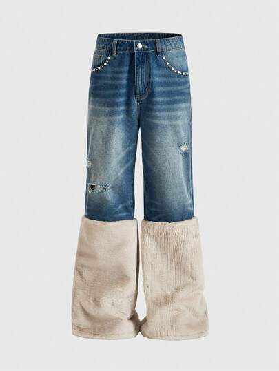 Street Life Jeans anchos y sueltos con bolsillos, parches desgastados y textura esponjosa para hombres