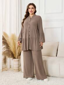 Lacomfia Plus Size Women Spring/Autumn Casual Daily Commute Simple Versatile Solid Color Ribbed Lantern Sleeve Tiered Ruffle Hem Top And Wide Leg Pants 2 Piece Set - Khaki - View 3