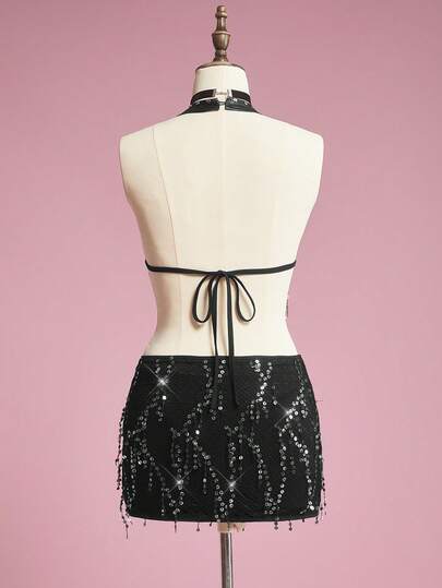 ROMWE Avant Ensemble femme Y2K Baddie pour festival de musique avec pendentif croix en métal, patchwork en PU, filet, perles et dos nu