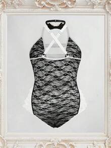 Fantasy Costume Seksowny komplet bielizny z koronką i patchworkiem w kontrastowym kolorze w dużym rozmiarze - Czarne i Białe - Zobacz 5