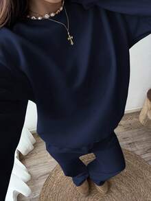 SHEIN Unity Crew Neck Long Sleeve Minimalist Top With Casual Pants Set - Navy Blue - View 7