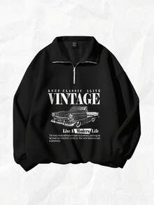 Attitoon Women's Retro Car Pattern Loose Fit Half-Zip High Neck Lightweight Pullover Sweatshirt In Fall/Winter - Black - View 2