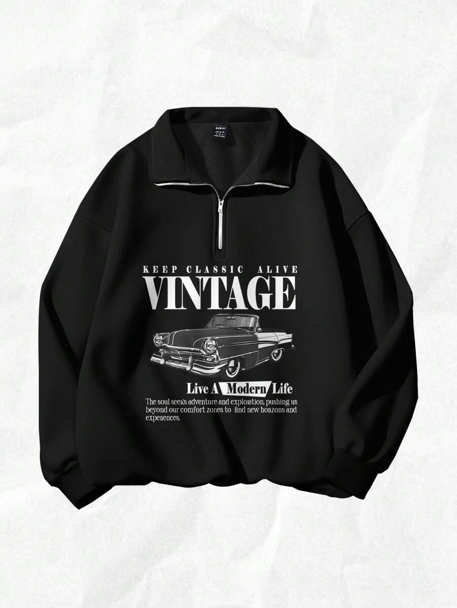 Attitoon Sudadera holgada con cuello alto y media cremallera con estampado retro de coche para mujer, ideal para otoño/invierno - Negro - Ver 1