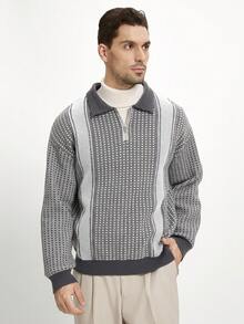 Manfinity CityGents 男士格子条纹长袖拉链 Polo 领休闲毛衣，秋冬 - 彩色 - 查看 4