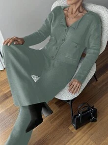 EURMUSE Damen Einfarbiger Langarm Einzelknopf Gestrickter Cardigan und Gestrickte Hose Lässiger 2 Stücke Set, Herbst/Winter - Minzgrün - Übersicht 7