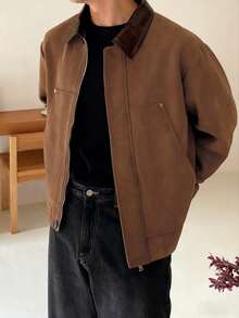 DAZY Men's Patchwork Collar Suede Fabric Brown Jacket And Coat, Autumn - Brown - View 5