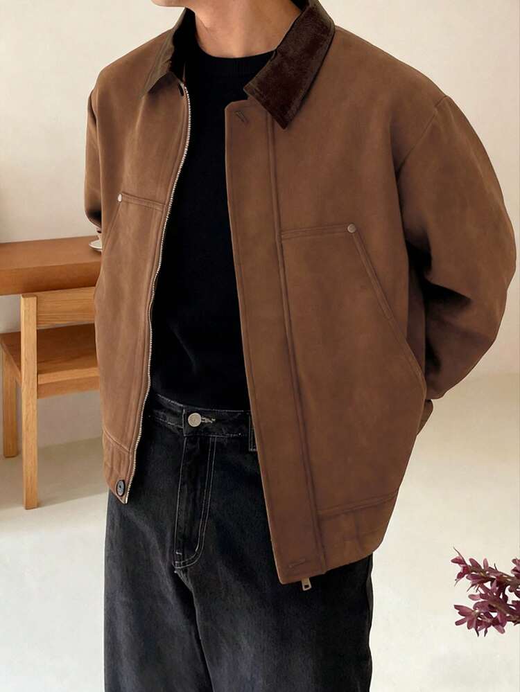 Men's Patchwork Collar Suede Fabric Brown Jacket And Coat, Autumn
