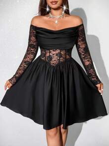 Viva Relle 大码女式垂褶领长袖缎面蕾丝拼接镂空中长A字黑色腰身连衣裙，优雅复古休闲派对鸡尾酒会礼服 - 黑色 - 查看 3